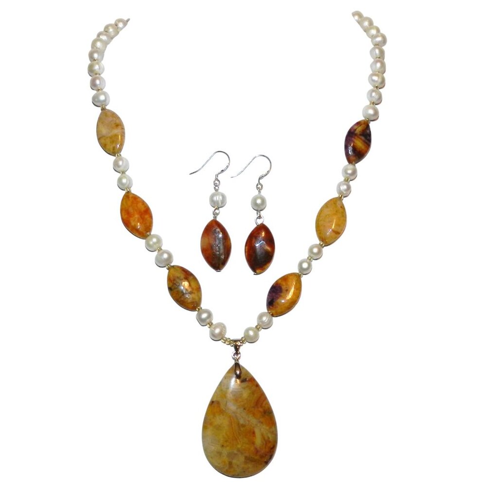 Handmade Mustard Stone & White Pearl Gemstone Silver 18" Necklace Earrings GN386